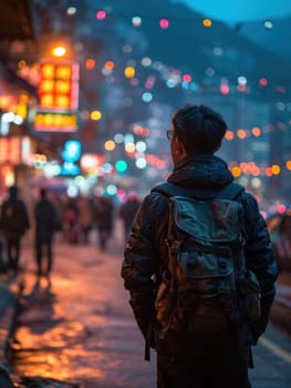 A man with backpack standing on a city street at night