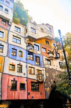 Vienna, Austria - 10.14.2022: View of Hundertwasser residential building in Vienna. High quality photo