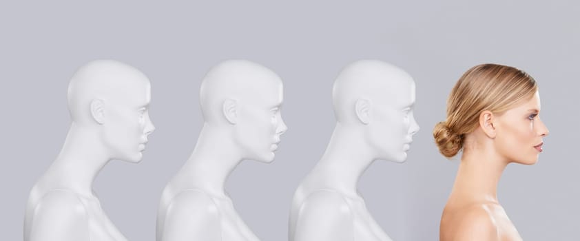 Mannequins, posture and woman with skincare, cosmetics and beauty on a white studio background. Person, development and row with model and beauty with profile and robotic with creativity or glow.