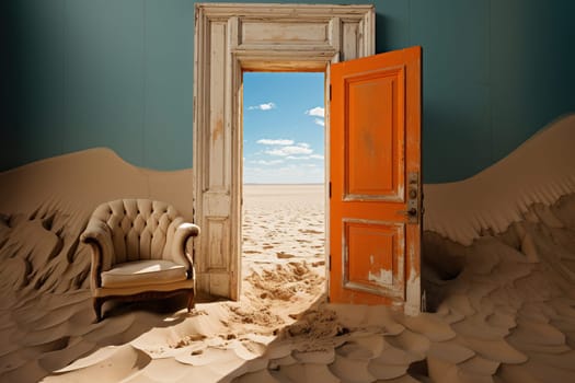 An old abandoned room in the sand in the middle of the desert. An open door to the desert.