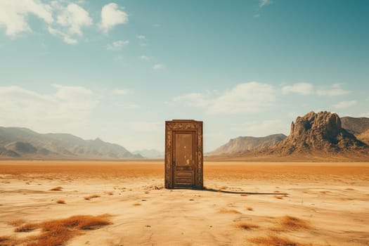 A closed, shabby old door in the middle of a dry desert.