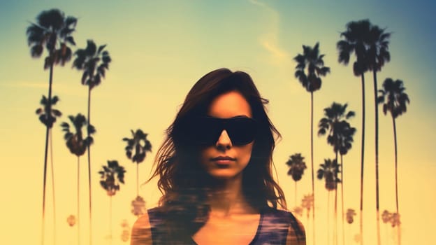 The face of a woman in glasses in the sky with silhouettes of palm trees.