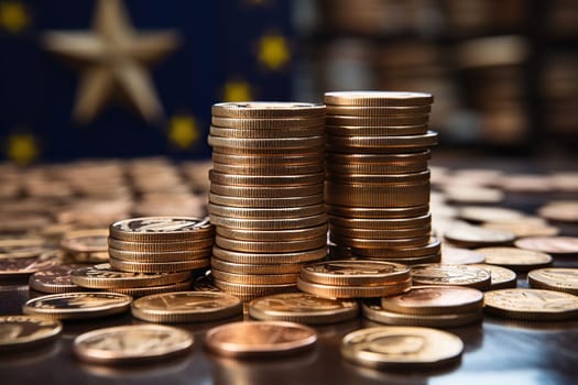 Stacks of coins on a wooden surface against the background of a blurred EU flag.