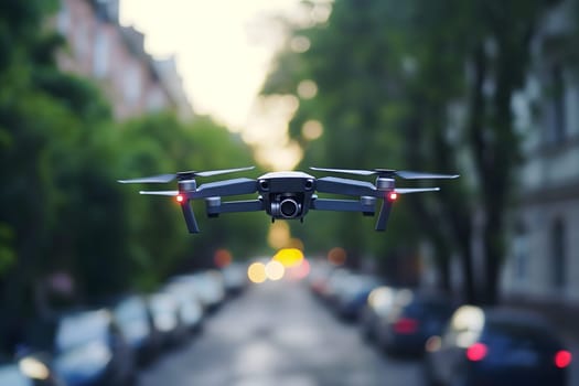 Copter drone over street at summer day, closeup. Neural network generated image. Not based on any actual scene or pattern.