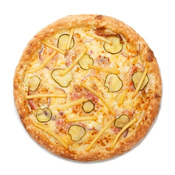 Top view on italian pizza with fries, bacon and pickled cucumbers isolated on white background. Delicious hot classic pizza. Top view.