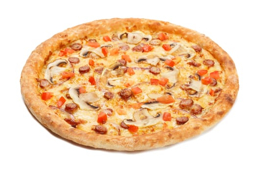 Delicious italian pizza with sausages, mushrooms, vegetables and cheeseisolated on white background.