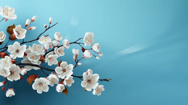 Blooming branch of sakura, cherry blossoms on a blue background. Spring background with place for text.