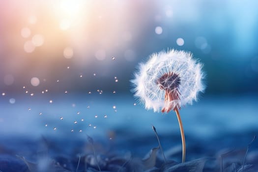 Dandelion and its seeds on a blue blurred background. Spring, summer background.