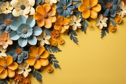 Spring, summer yellow background with cut paper style flowers and place for text.