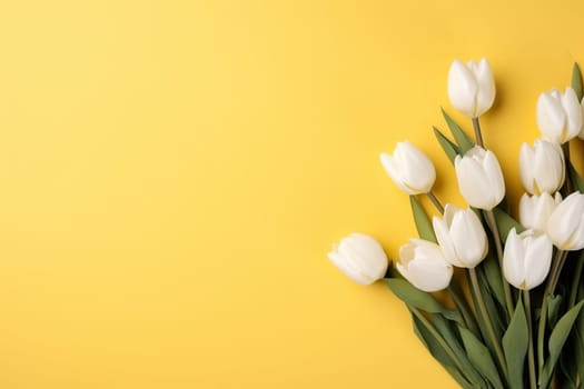 Bouquet of beautiful white tulips on a yellow background on the right. Spring, summer greeting background.