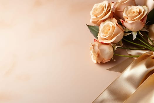 Pastel background with a bouquet of tea roses on the right and space for text.