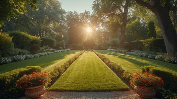 The garden is in a French style with plants trimmed up in classic forms. It is photographed with select focus and on a high quality camera.