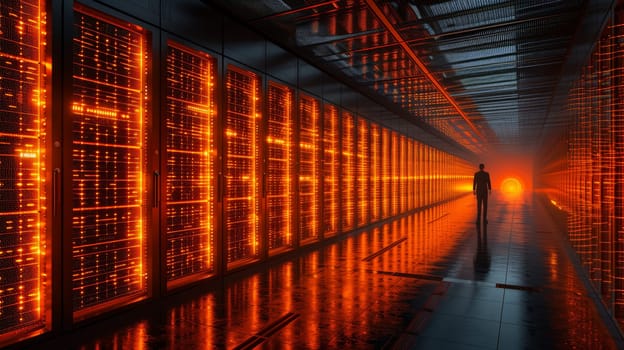 A shot of a working data center corridor with racks and supercomputers and high-definition Internet projections.