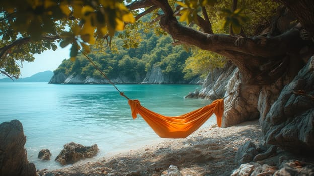 During adventure vacation, traveler guy relaxes in a hammock hanging on a tree directly on the beach. One takes a moment to enjoy the beauty of nature. Wanderlust and travel concept.