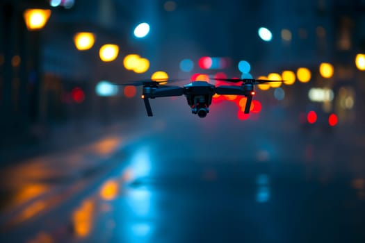 copter drone flying low over street at night, closeup. Neural network generated image. Not based on any actual scene or pattern.