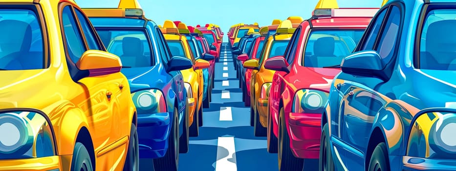Vibrant Traffic Jam with Colorful Cars Lined Up During Rush Hour in Urban Commute.