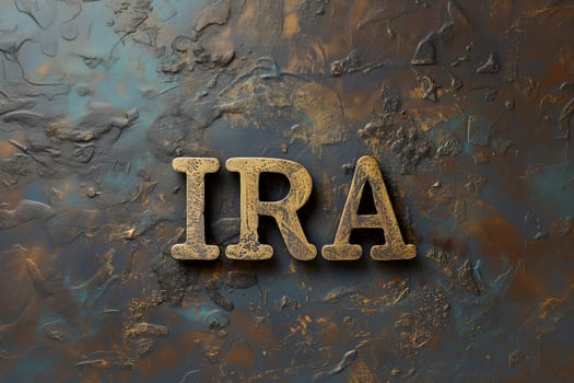 Word IRA for Individual retirement account on shabby background. Neural network generated image. Not based on any actual person or scene.