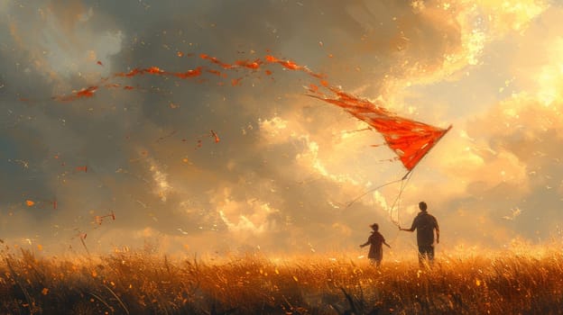 A family flying a kite through a field