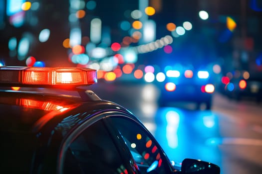 police car lights at night in city street with selective focus and bokeh. Neural network generated image. Not based on any actual person or scene.