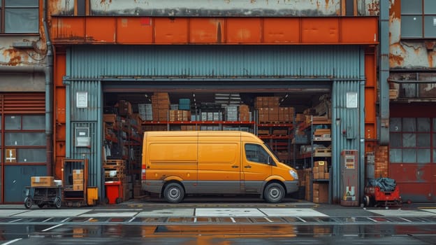 In front of a logistics warehouse with an open door, a delivery van loading cardboard boxes. A truck delivers wholesale merchandise, online orders, e-commerce goods, and purchases.