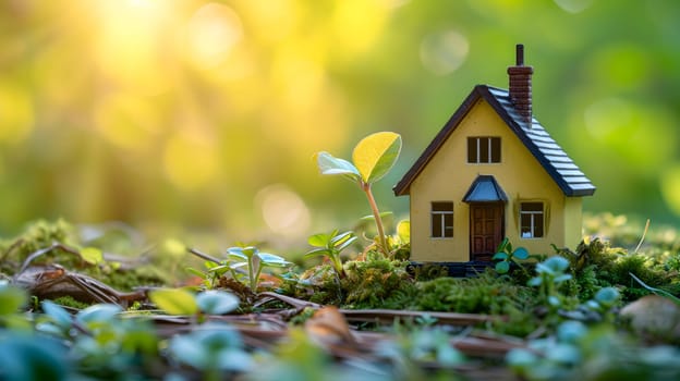 Spring background with a tiny toy house symbolizing family mortgage construction rental and property concepts. Neural network generated image. Not based on any actual person or scene.