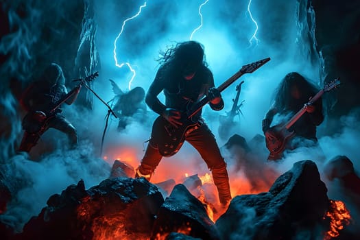 hellish rock musicians band with electric guitars in a rock world/ Digitally generated image. Not based on any actual person, scene or pattern.