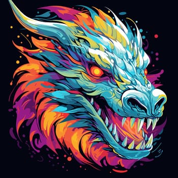 Portrait of a fairy dragon in psychedelic vector pop art style. Mythological creature in bright colours. Template for t-shirt print, poster, sticker, etc.