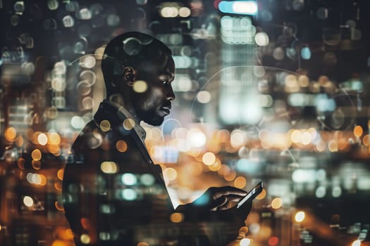 Double exposure of business and a city - African American businessman using a digital tablet superimposed on a city skyline. Neural network generated image. Not based on any actual person or scene.