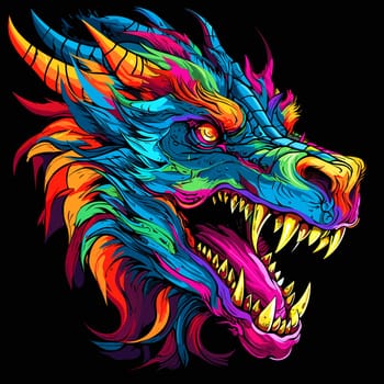 Portrait of a fairy dragon in psychedelic vector pop art style. Mythological creature in bright colours. Template for t-shirt print, poster, sticker, etc.