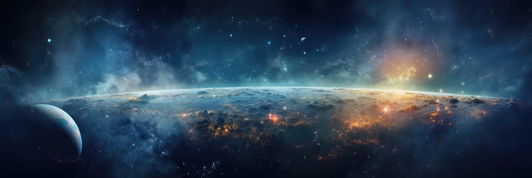 Beautiful space background with stardust and stars. Deep far space, cosmic glowing colors. Outer space with bright stars and galaxies. Wide format banner AI