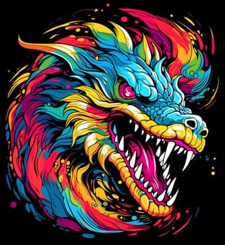 Portrait of a fairy dragon in psychedelic vector pop art style. Mythological creature in bright colours. Template for t-shirt print, poster, sticker, etc.