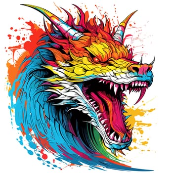 Portrait of a fairy dragon in psychedelic vector pop art style. Mythological creature in bright colours. Template for t-shirt print, poster, sticker, etc.