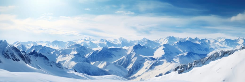 Landscape of a winter mountain range covered in snow with a bright blue sky. Wide format banner AI