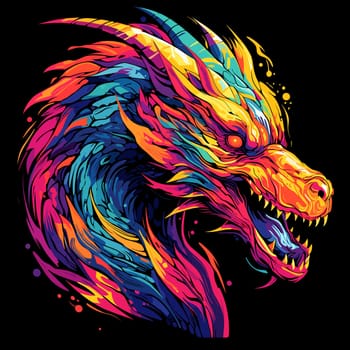 Portrait of a fairy dragon in psychedelic vector pop art style. Mythological creature in bright colours. Template for t-shirt print, poster, sticker, etc.