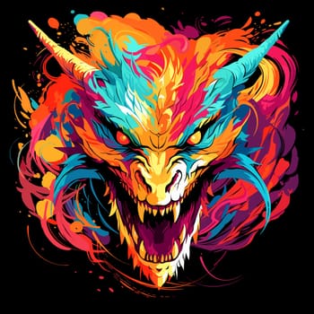 Portrait of a fairy dragon in psychedelic vector pop art style. Mythological creature in bright colours. Template for t-shirt print, poster, sticker, etc.
