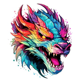 Portrait of a fairy dragon in psychedelic vector pop art style. Mythological creature in bright colours. Template for t-shirt print, poster, sticker, etc.