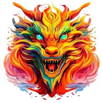 Portrait of a fairy dragon in psychedelic vector pop art style. Mythological creature in bright colours. Template for t-shirt print, poster, sticker, etc.