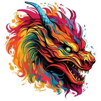 Portrait of a fairy dragon in psychedelic vector pop art style. Mythological creature in bright colours. Template for t-shirt print, poster, sticker, etc.