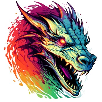 Portrait of a fairy dragon in psychedelic vector pop art style. Mythological creature in bright colours. Template for t-shirt print, poster, sticker, etc.