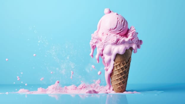 Pink Ice cream in a cone melting on pastel blue background. Creative idea, minimal summer concept. AI