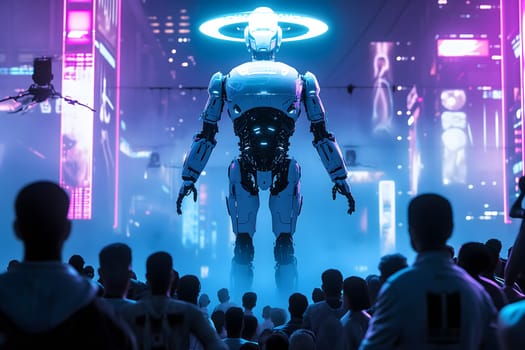 Cyber god in front of their adepts for artificial super intelligence encounter. Neural network generated image. Not based on any actual person or scene.