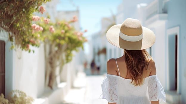 Happy tourist woman in a white summer dress walks through the whitewashed streets AI