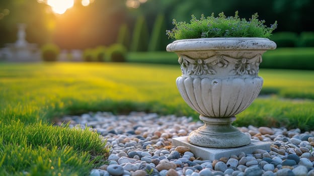 In this photograph, plants are trimmed up in a classic style, with a select focus. The image is of high quality.