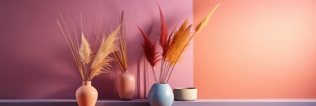 Multicolored vases with dry pampas grass against a textured wall. Wide format banner AI