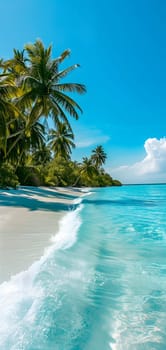 tropical beach view at sunny day with white sand, turquoise water and palm tree. Neural network generated image. Not based on any actual scene or pattern.