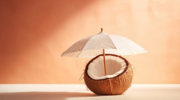 Tropical beach concept. Coconut fruit and sun umbrella. Creative minimal summer idea AI