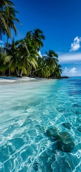 tropical beach view at sunny day with white sand, turquoise water and palm tree. Neural network generated image. Not based on any actual scene or pattern.