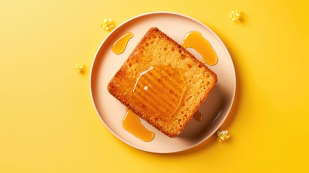 Concept of tasty dessert with honey cake, top view, flat lay on yellow AI