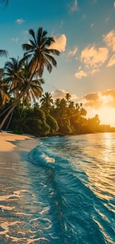 tropical beach view at sunset or sunrise with white sand, turquoise water and palm trees. Neural network generated image. Not based on any actual scene or pattern.