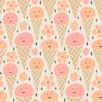 Hand drawn seamless pattern of ice cream with cute funny faces, retro vintage style. Pink yellow round shape with chocolate, sweet tasty summer holiday food, children kids art